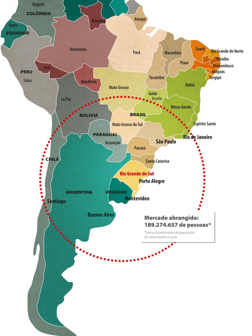 Mapa localiza o RS na América Latina